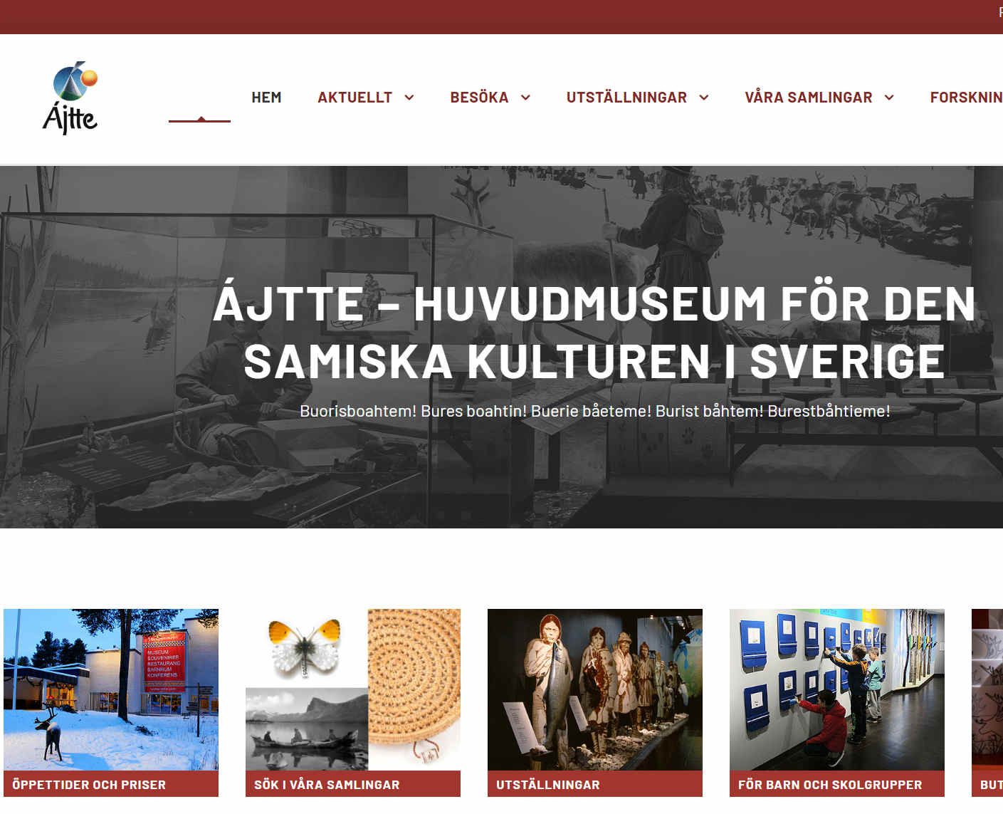 Screenshot of Ájtte Sami Museums webpage